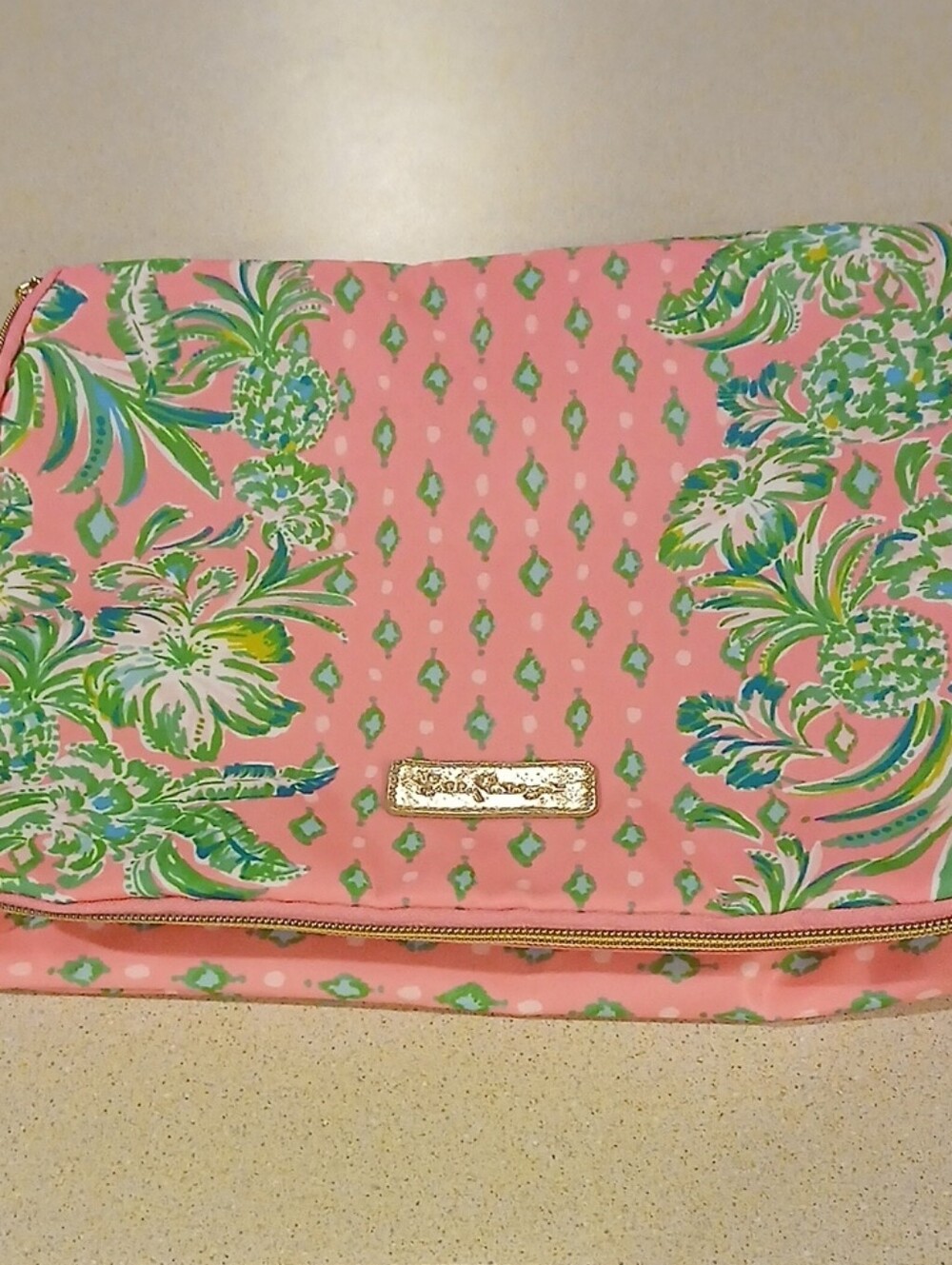 Lilly Pulitzer Pink Floral Cosmetic/Laptop Case with Green & Blue Print